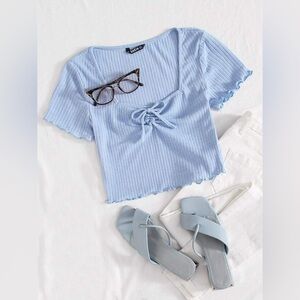 SHEIN Sky Blue Lettuce Trim Rib Knit knotted Ribbed Tie-Front Crop Top